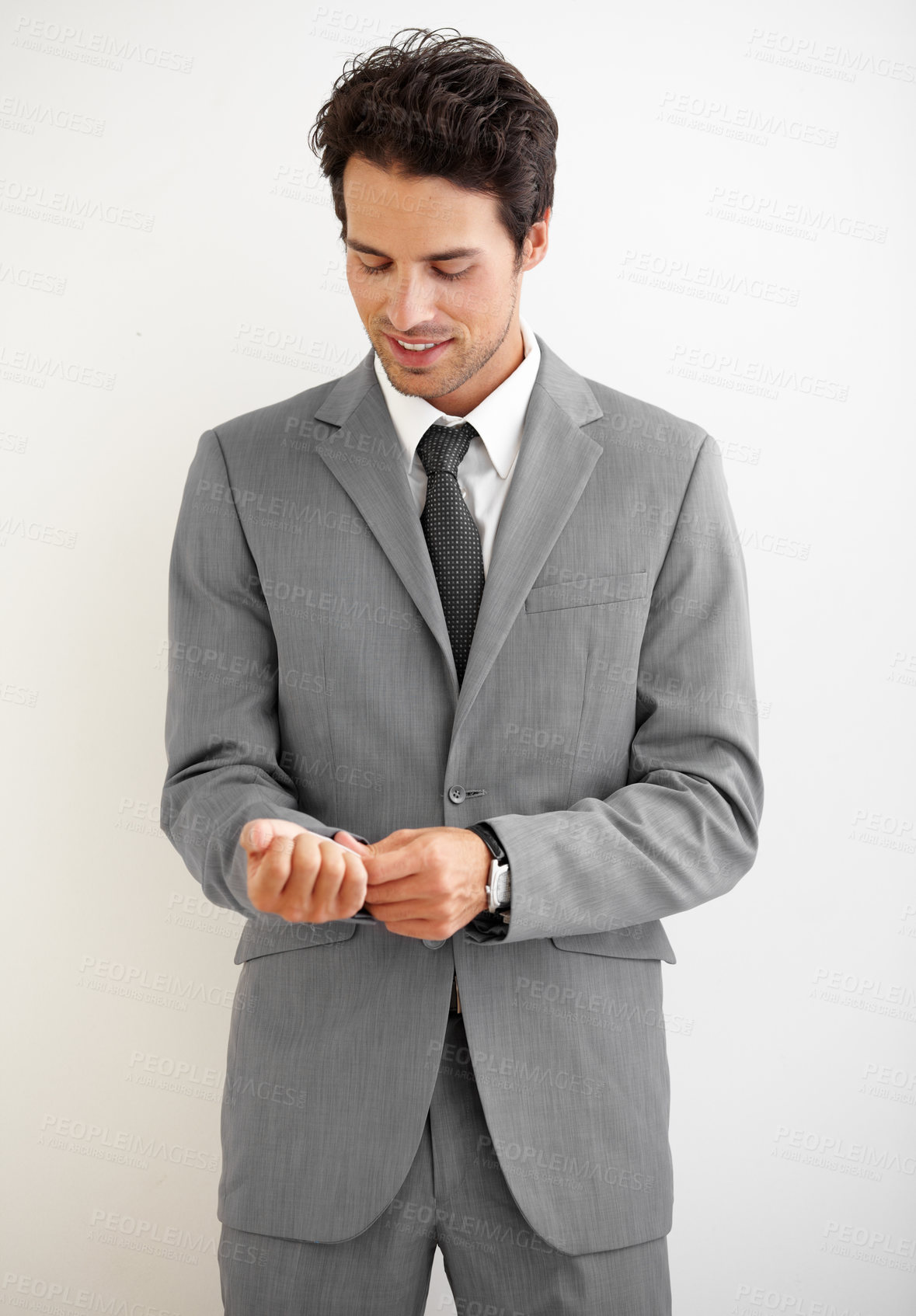 Buy stock photo Businessman, suit and ready with clothes in studio for fashion mock up on white background. Corporate, male manager or boss in formal, cool or modern style for professional, career or job in space