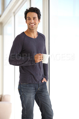 Buy stock photo Morning, coffee and a man with a smile while thinking about a plan, idea or peace in a house. Happy, window and a person with a tea drink at home for happiness, break and relaxing in an apartment