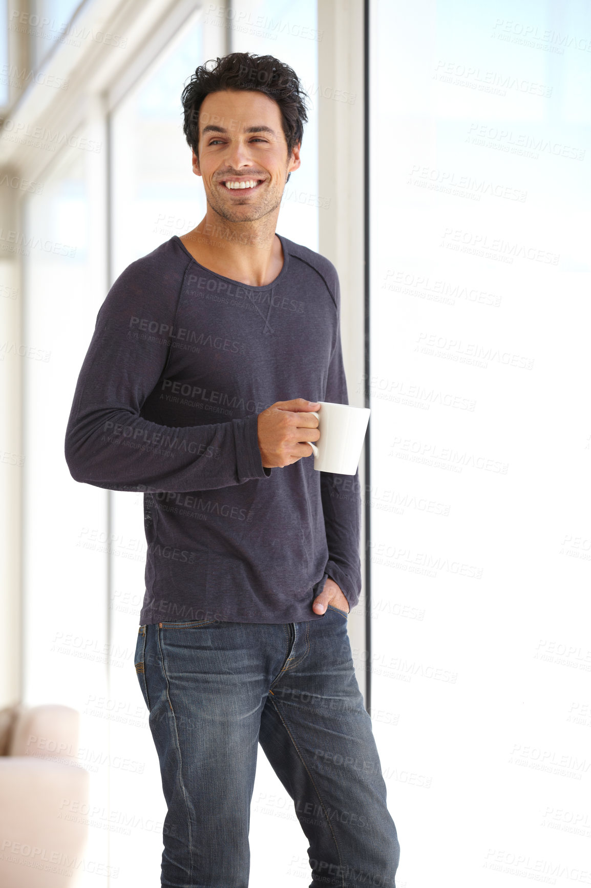 Buy stock photo Morning, coffee and a man with a smile while thinking about a plan, idea or peace in a house. Happy, window and a person with a tea drink at home for happiness, break and relaxing in an apartment