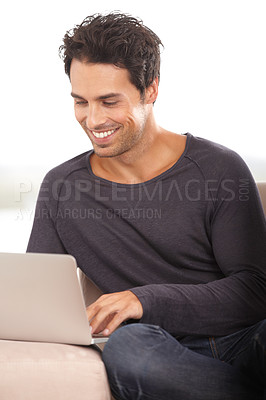 Buy stock photo Happy man, work from home and computer for marketing, copywriting and planning or research on website and sofa. Startup freelancer or blog writer relax on couch with laptop, internet or happy project