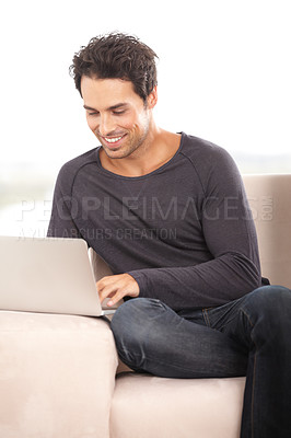 Buy stock photo Happy man, work from home and laptop for marketing, copywriting and planning or research on website and sofa. Startup freelancer or blog writer relax on couch with computer, internet or happy project