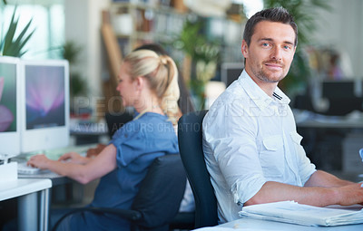 Buy stock photo Smile, happy and businessman working in the office on a creative project with documents. Professional, paperwork and young male designer planning with research information in modern workplace.