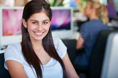 Buy stock photo Woman portrait, Indian and web design startup worker with friendly and happy smile at the office. Young intern girl at trendy, cool and modern digital agency for creative graphic design people.