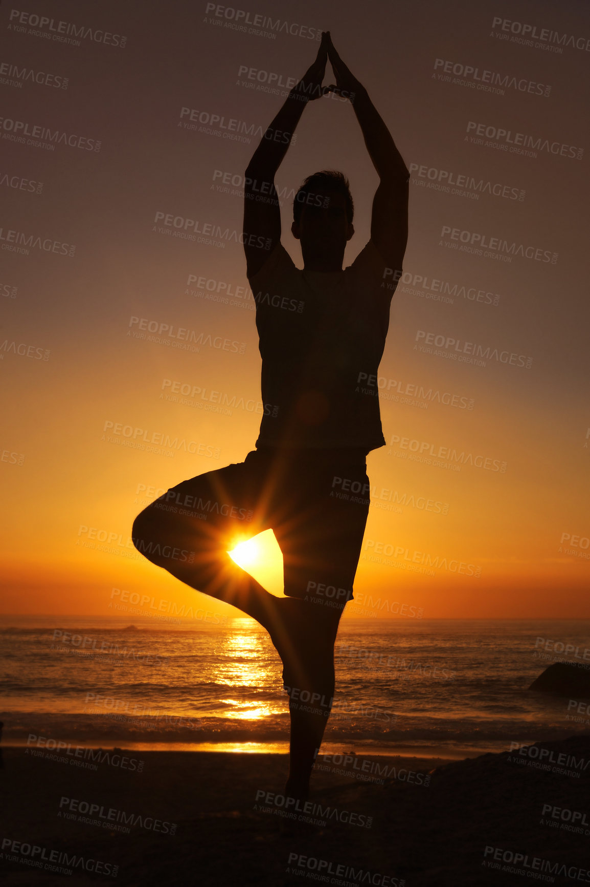 Buy stock photo Silhouette, man and praying with hands for yoga, health and wellness on beach with sunset and zen. Person, shadow and pilates or namaste for balance, mindfulness and healthy body by ocean or sea