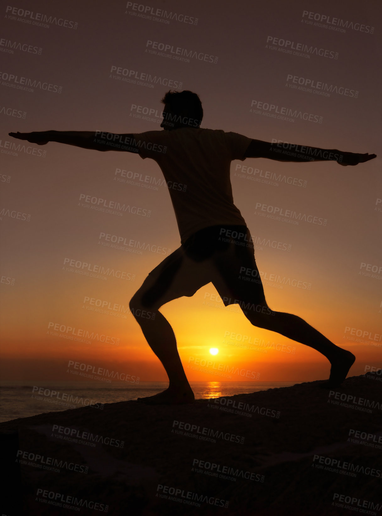 Buy stock photo Silhouette, man or stretching with hands for yoga, health and wellness on beach with sunset and zen. Person, shadow and pilates or arm workout for balance, mindfulness or healthy body by ocean or sea