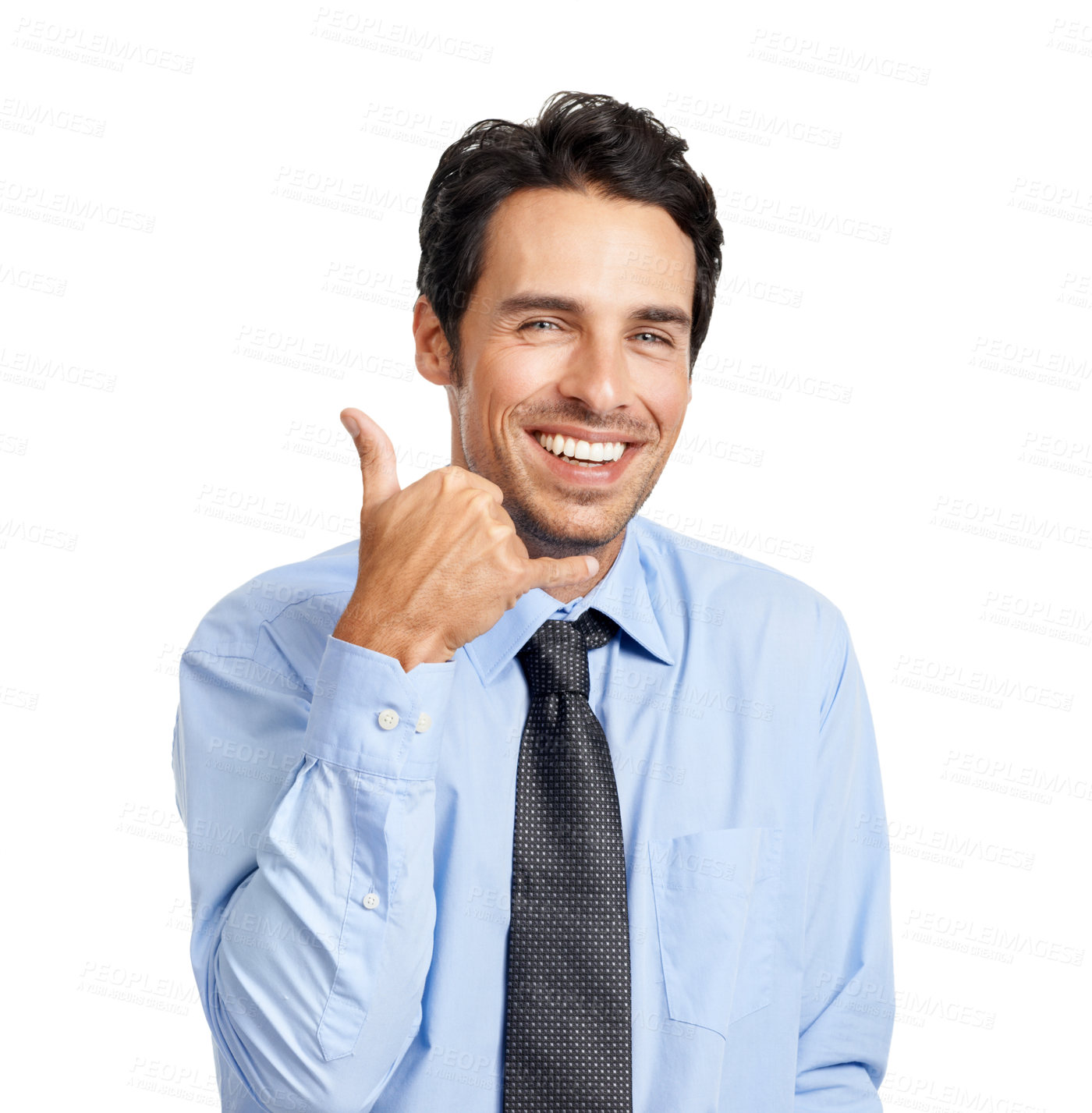 Buy stock photo Businessman, studio portrait and call me hand for consulting or vision on backdrop for networking. Corporate executive man, happy or call for work as financial advisor isolated by white background