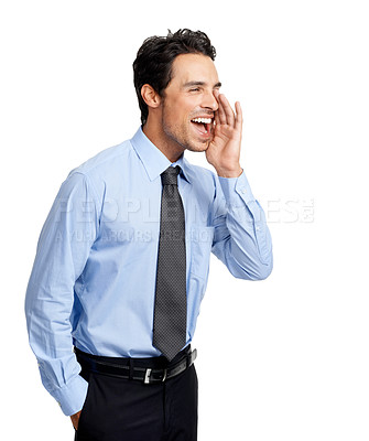 Buy stock photo Excited businessman, hand or shouting on studio background for finance deal, investment or stock sales. Happy, screaming or yelling financial worker on white mockup backdrop in savings review or vote