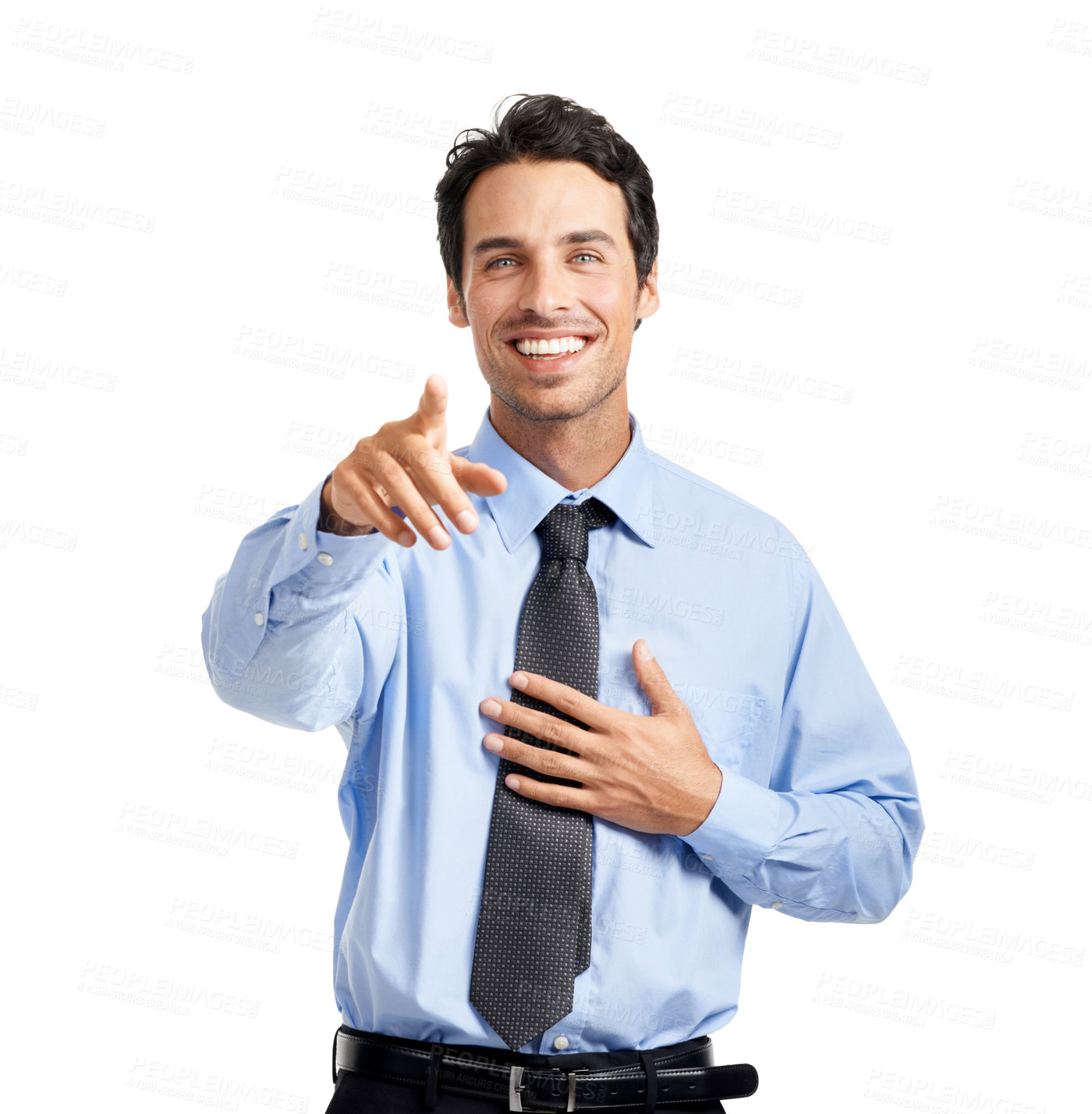Buy stock photo Businessman portrait, you or pointing hands in employment opportunity, candidate choice or selection on studio background. Smile, happy or choosing worker finger in vote or optimism gesture on mockup