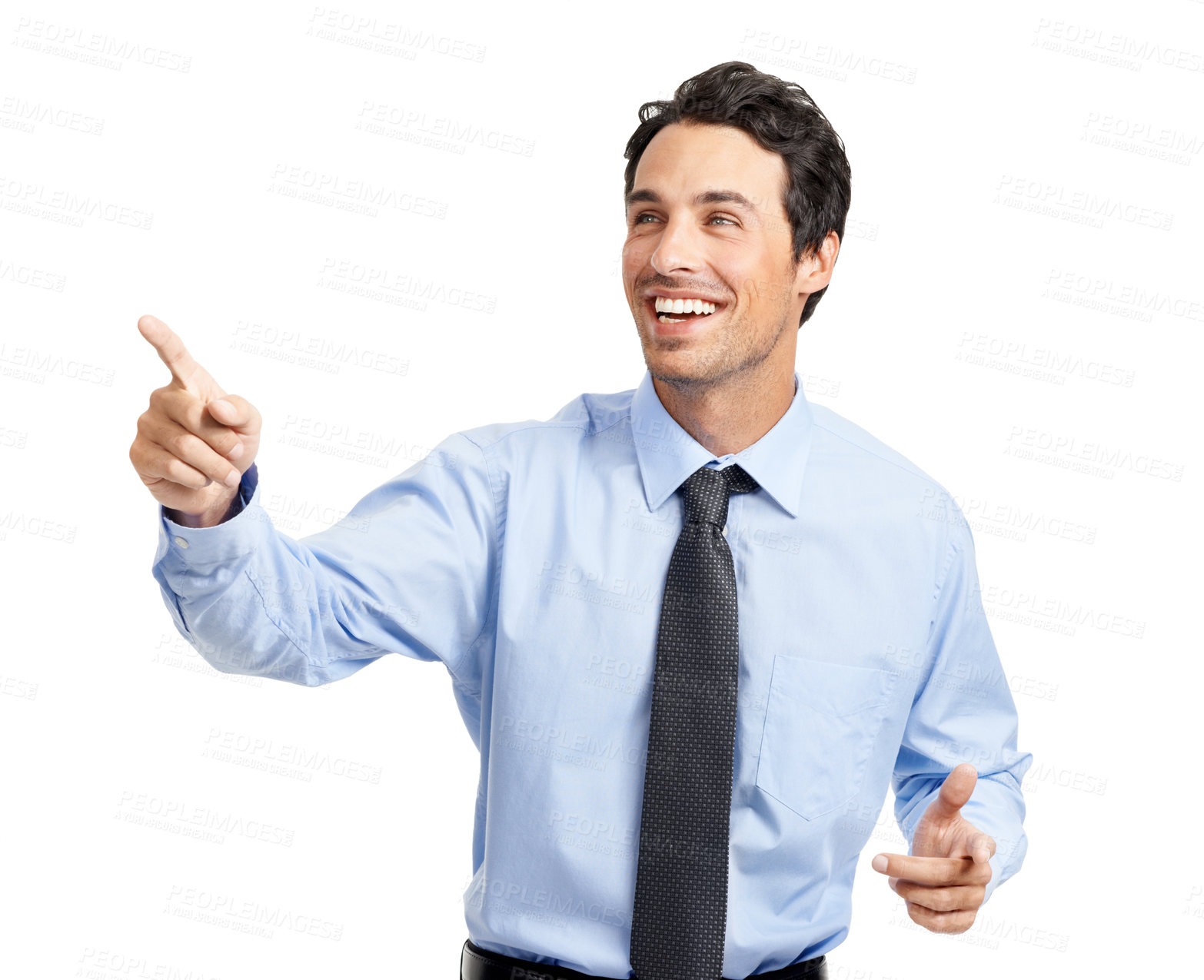 Buy stock photo Businessman, hands or pointing on studio background for finance deal, investment growth strategy or company stock sales. Smile, happy or worker finger in opinion, vote or optimism gesture on mock up