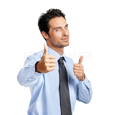 Buy stock photo Businessman portrait, hands or thumbs up on studio background in finance deal, company growth or investment success. Corporate worker, employee or hand gesture in yes mockup, thank you or winner vote