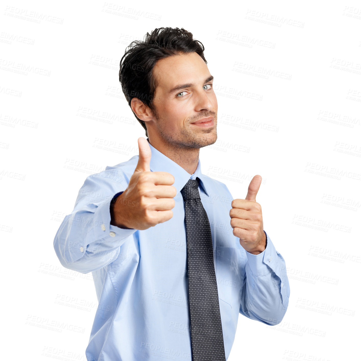 Buy stock photo Businessman portrait, hands or thumbs up on studio background in finance deal, company growth or investment success. Corporate worker, employee or hand gesture in yes mockup, thank you or winner vote