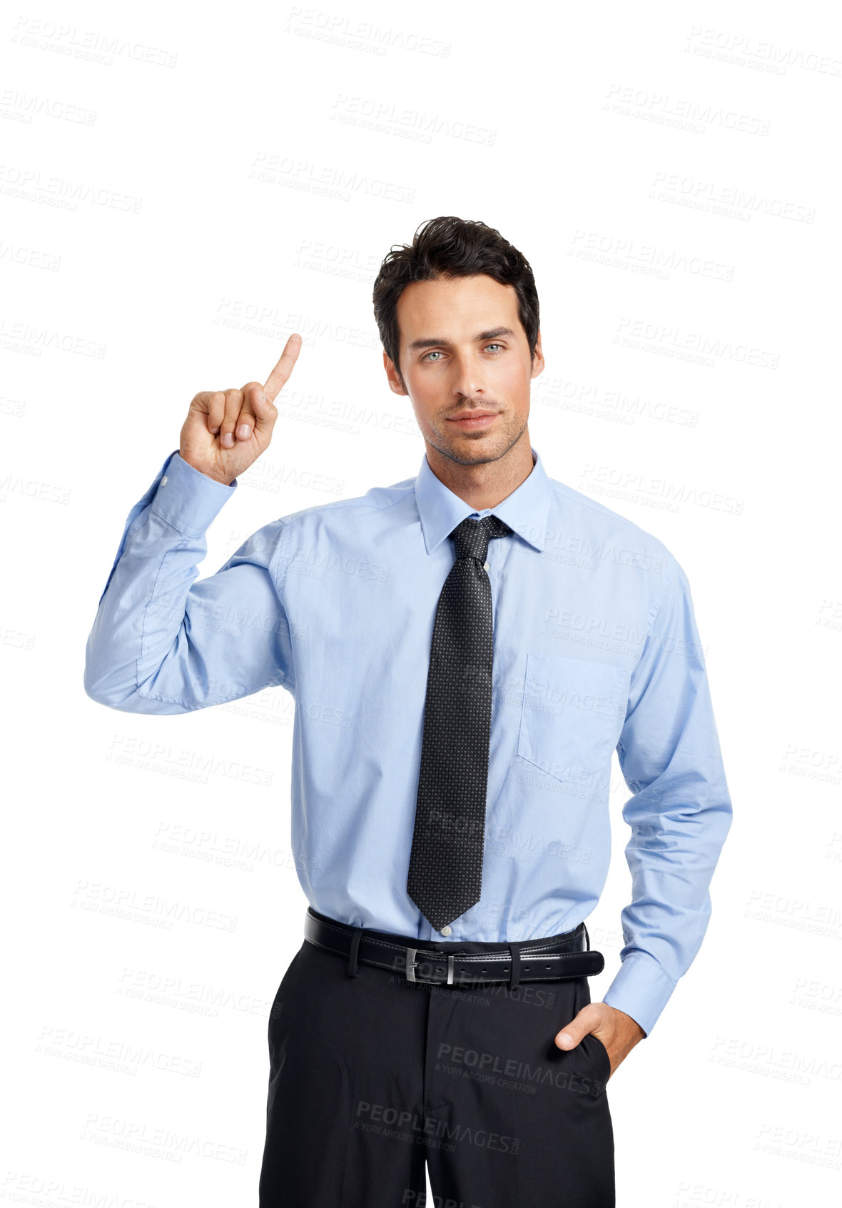 Buy stock photo Businessman, studio portrait and point finger in air with confidence, vision and answer by backdrop. Corporate executive man, hand gesture or focus for work as financial advisor by white background