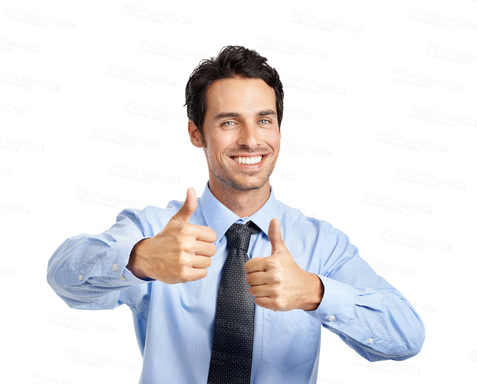 Buy stock photo Businessman portrait, hands and success thumbs up on studio background in finance deal and company growth. Smile, happy and corporate worker with yes hand gesture, thank you or winner vote on mock up