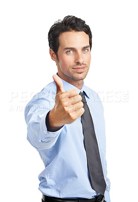 Buy stock photo Businessman, portrait or thumbs up on studio background for good luck, company success or financial growth. Corporate worker, employee or hand gesture in thank you, investment vote or winner opinion