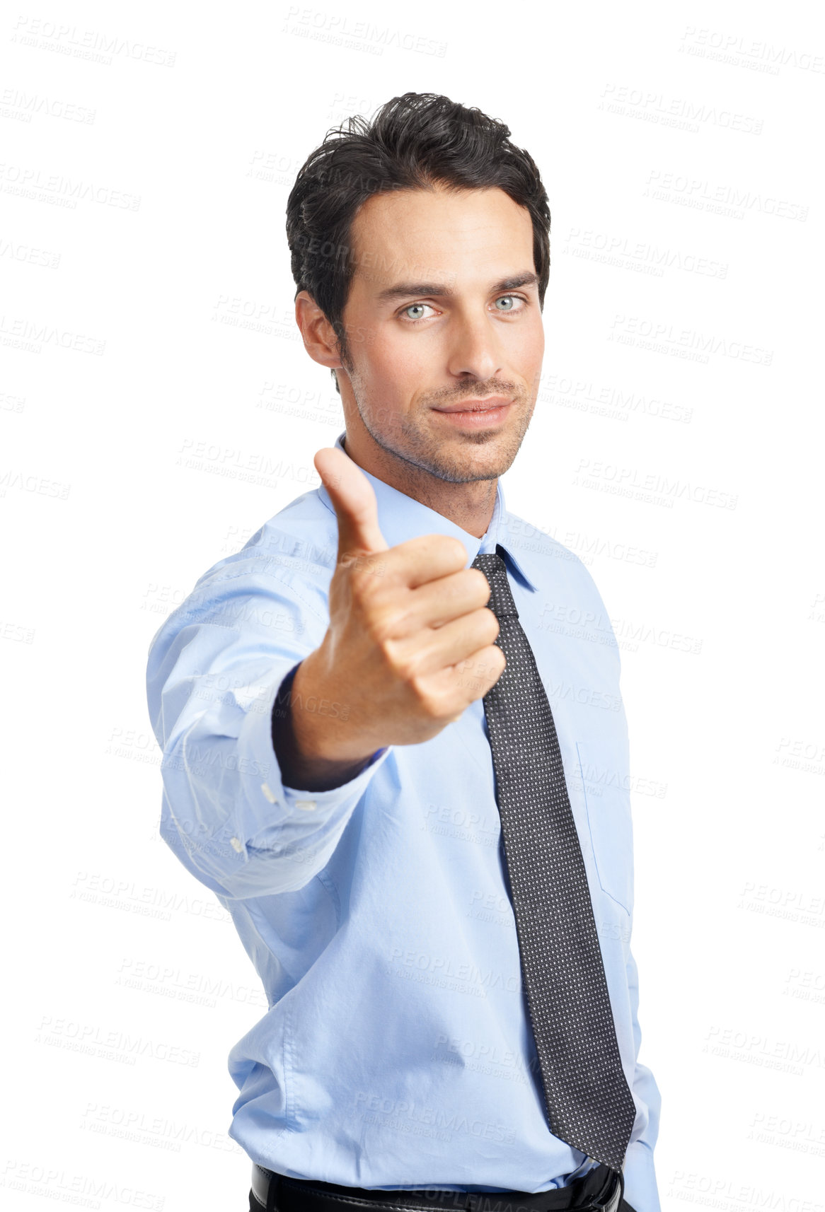 Buy stock photo Businessman, portrait or thumbs up on studio background for good luck, company success or financial growth. Corporate worker, employee or hand gesture in thank you, investment vote or winner opinion
