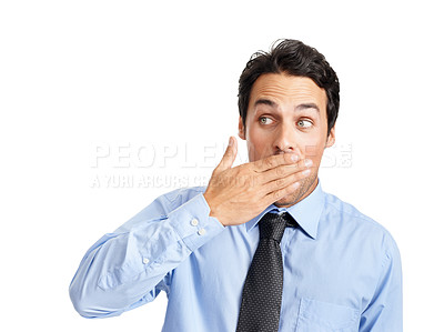 Buy stock photo Businessman, hands on mouth and shocked face, no expression and surprised corporate news or wow announcement. Man, facial regret and manager gossip, silence or embarrassed hand gesture in studio