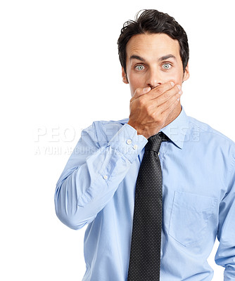 Buy stock photo Businessman portrait, shocked or hand over mouth on studio background for company gossip, secret news or mistake. Corporate worker, employee or surprised facial expression on white mock up backdrop