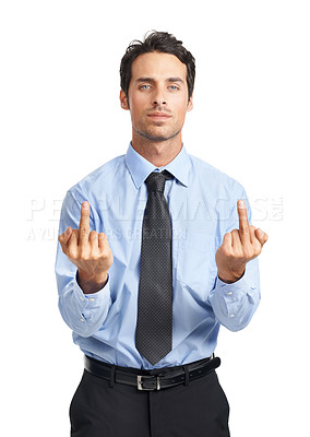 Buy stock photo Anger, frustrated and portrait of a businessman with a middle finger on a white background. Angry, arrogant and executive man with a mean, aggressive and bad hand sign on a studio background