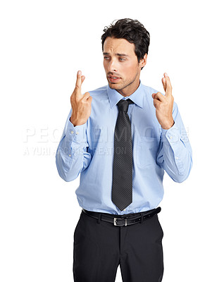 Buy stock photo Businessman hands, anxiety or fingers crossed on studio background mockup in new job or employment opportunity. Stress, nervous or luck hand gesture in hope, worry or wish change for corporate worker
