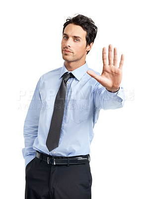Buy stock photo Businessman, portrait or stop hand gesture on studio background in finance fraud, money laundering or bribe. Financial worker, employee or refuse hand gesture to insurance investment or strategy deal