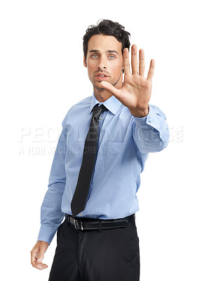 Buy stock photo Stop, alert and portrait hand of a businessman with a sign, serious signal and command on a white background. Palm, opinion and executive man with a no hand gesture, negative and bad expression