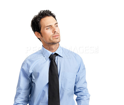 Buy stock photo Business, man and thinking for corporate deal, focus or marketing manager isolated on white studio background. Male entrepreneur, ceo or employee with concentration, ideas or consultant with decision