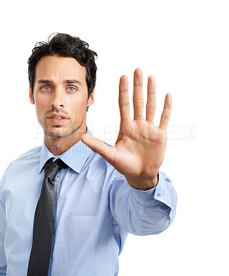 Buy stock photo Stop, corporate and portrait hand of a businessman with a sign, serious signal and command on a white background. Palm, opinion and executive man with a no hand gesture, negative and bad expression