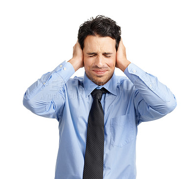 Buy stock photo Businessman covering his ears for noise in a studio for stress, headache or frustration. Corporate, upset and professional male employee preventing sound during a migraine by a white background.