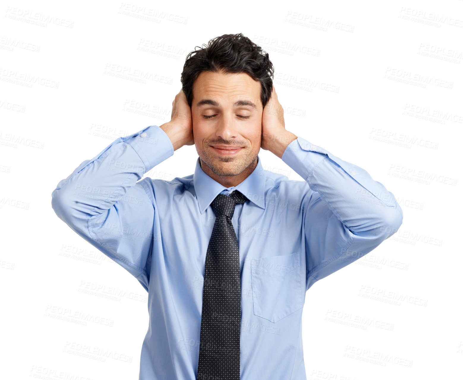 Buy stock photo Portrait of businessman with hands covering ears, work stress and blocked out sound on white background. Mental health, anxiety and frustrated man holding hands on head for silence in studio job.