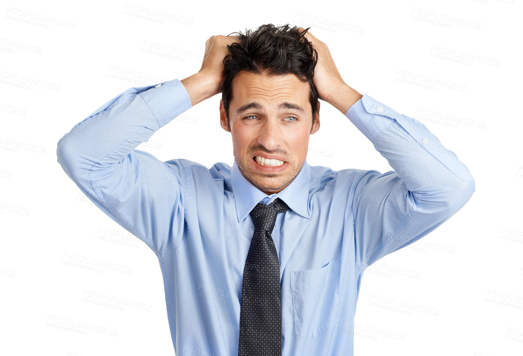 Buy stock photo Businessman, nervous and pulling hair on studio background in finance fraud, money laundering mistake and company stock loss. Worker stress, frustrated and angry employee with mental health burnout