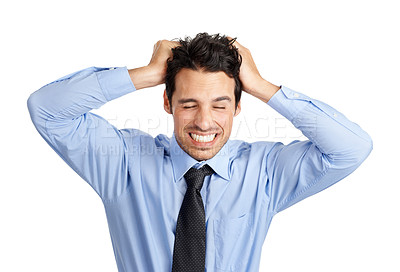 Buy stock photo Frustrated businessman, stress and pulling hair on studio background in finance fraud, money laundering or mistake. Worker anxiety, crisis or nervous employee with mental health burnout or stock loss