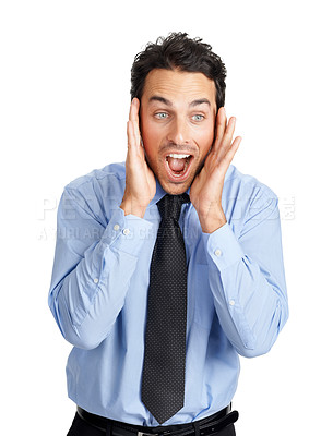 Buy stock photo Businessman, face or shocked with mouth open on studio background for company gossip, secret news or wow discount. Corporate worker, employee or surprised facial expression on white mock up backdrop