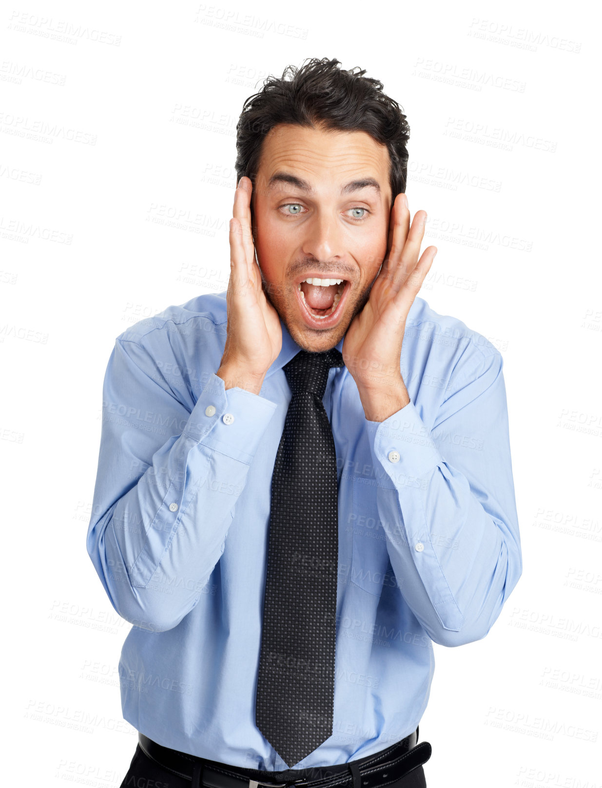 Buy stock photo Businessman, face or shocked with mouth open on studio background for company gossip, secret news or wow discount. Corporate worker, employee or surprised facial expression on white mock up backdrop