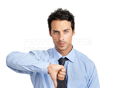 Buy stock photo Portrait, hand and businessman with thumbs down in studio for no, bad and business fail on white background. Face, failure and young entrepreneur showing negative emoji for objection while isolated 