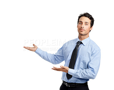 Buy stock photo Face, hands and businessman pointing to mockup, space and blank advertising in studio. Portrait, entrepreneur and man CEO with hand gesture showing mock up background for vision, idea or planning