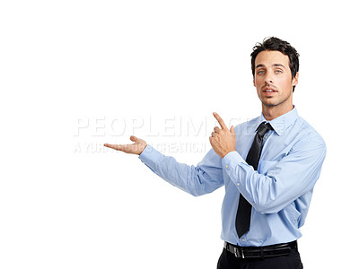 Buy stock photo Portrait, hands and businessman in studio showing space, advertising and idea isolated on white background. Face, hand and man leader with vision, goal and ideas pointing to mockup while presenting