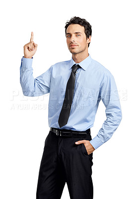 Buy stock photo Portrait of businessman, hand and thinking finger on studio background with company vision, innovation and growth mindset. Corporate worker, employee questions and ideas on mockup branding backdrop