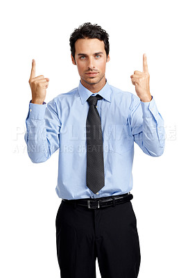 Buy stock photo Portrait of businessman, hands and pointing up on studio background to branding, marketing or advertising space. Corporate worker, employee and finger showing on mock up backdrop for promotion deal