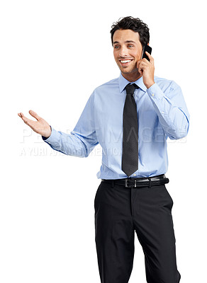 Buy stock photo Phone call, studio and corporate businessman with networking, negotiation and communication strategy. Happy professional man using phone or smartphone with career feedback, job review or contact us