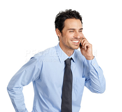 Buy stock photo Phone call, happy businessman and white background for communication, stock market trading and sales consulting. Male model, lawyer and mobile conversation for corporate deal, network contact or talk