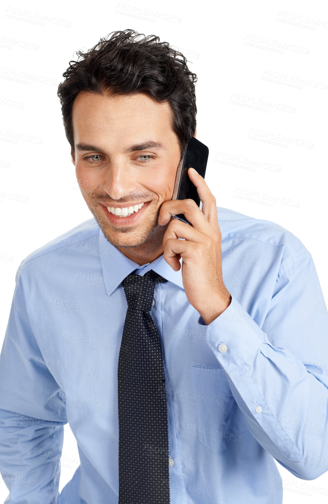 Buy stock photo Phone call, studio and happy businessman with communication, negotiation and networking strategy. Happy professional man using phone or smartphone for career feedback, job review or talking to client