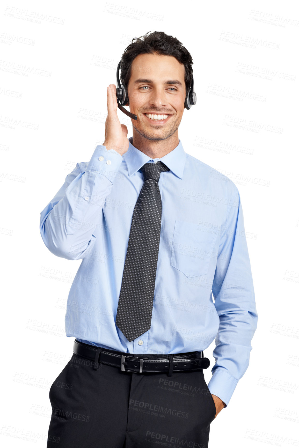 Buy stock photo Customer support communication, call center and consultant talking on telecom microphone, contact us CRM or telemarketing. Business e commerce, help desk agent and man consulting for customer service