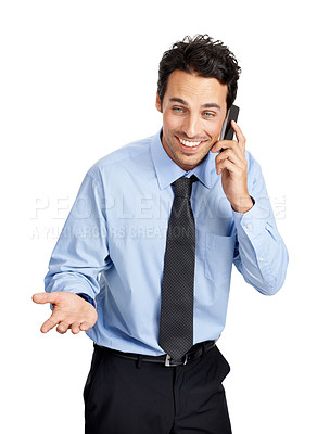 Buy stock photo  Phone call, corporate and male lawyer in a studio consulting, speaking or talking on a mobile. Happy, smile and businessman having a conversation on a cellphone while isolated by a white background.