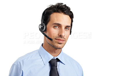 Buy stock photo Call center employee, man and face in portrait, contact us with CRM and customer service and telemarketing. Phone call, male agent and customer care, tech support and headset against white background
