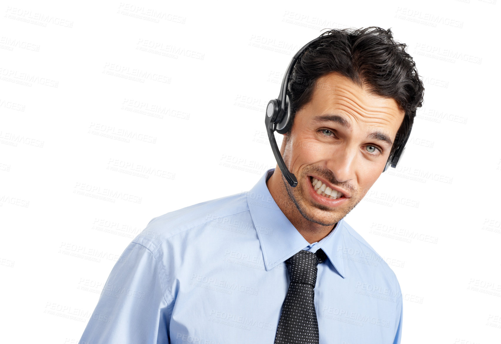 Buy stock photo Call center, oops face or funny man consulting on contact us CRM, telemarketing or telecom communication. Business portrait, customer service or customer support consultant talking about a mistake