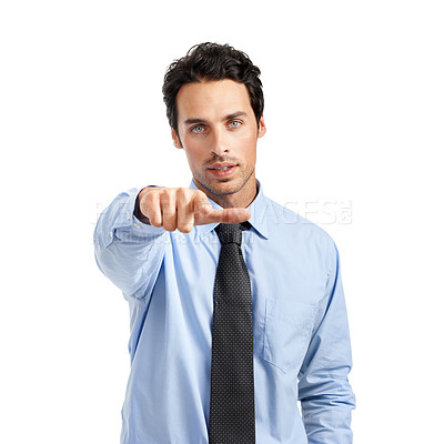 Buy stock photo Businessman, pointing with hand in portrait, professional with consultant and management against white background. Man in business, marketing and corporate employee, executive with company mockup