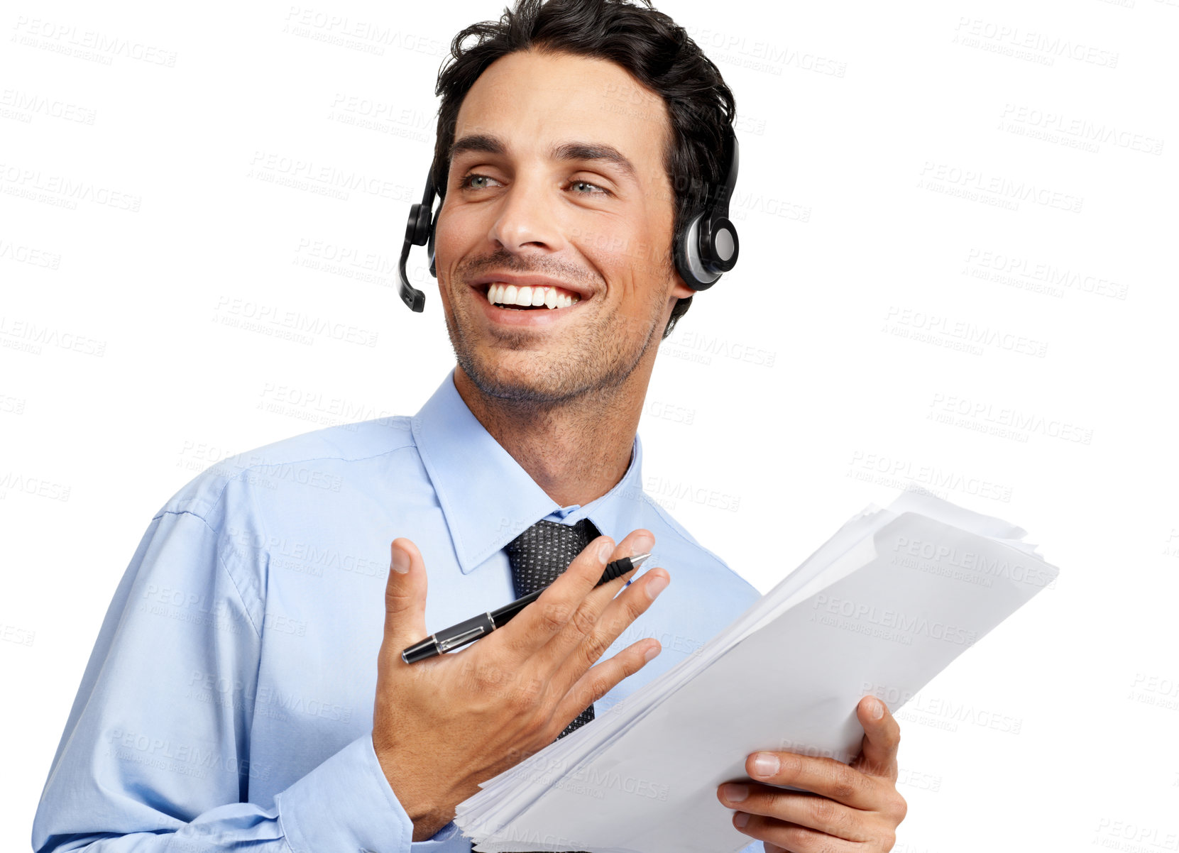 Buy stock photo Businessman, smile and call center mockup for telemarketing, insurance or finance advice on white background. Happy man consultant with headset for customer support discussing expenses or paperwork