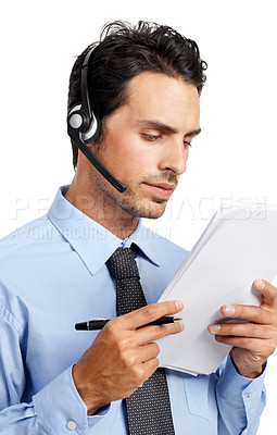 Buy stock photo Customer service communication, documents and call center consultant on telecom microphone, contact us CRM or telemarketing. E commerce, customer support consulting and man review financial portfolio