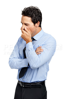 Buy stock photo Tired businessman, bored or yawning on studio background in fatigue, sleepy or mental health burnout. Exhausted corporate worker, employee or hands covering mouth on white backdrop in quiet quitting