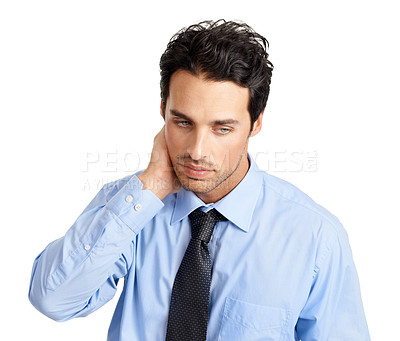 Buy stock photo Sad businessman, face or neck touching on studio background in finance fraud, money laundering or bribe mistake. Thinking financial worker, employee or anxiety in company burnout, crisis or risk fail